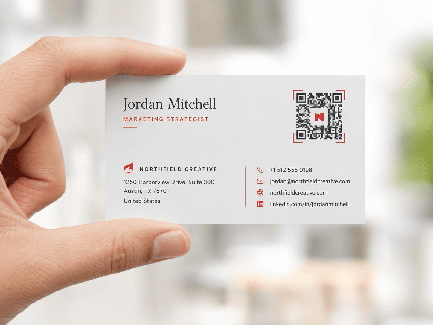 Hand holding a business card with a QR code linking to a LinkedIn profile