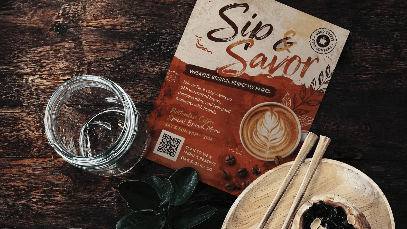 Café brunch flyer with a QR code linking to the menu