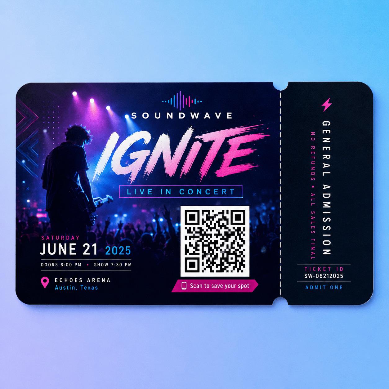 Concert ticket with an embedded QR code linking to event check-in