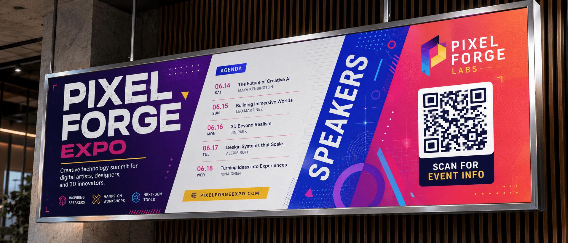 Hanging expo signage with a QR code linking to event details