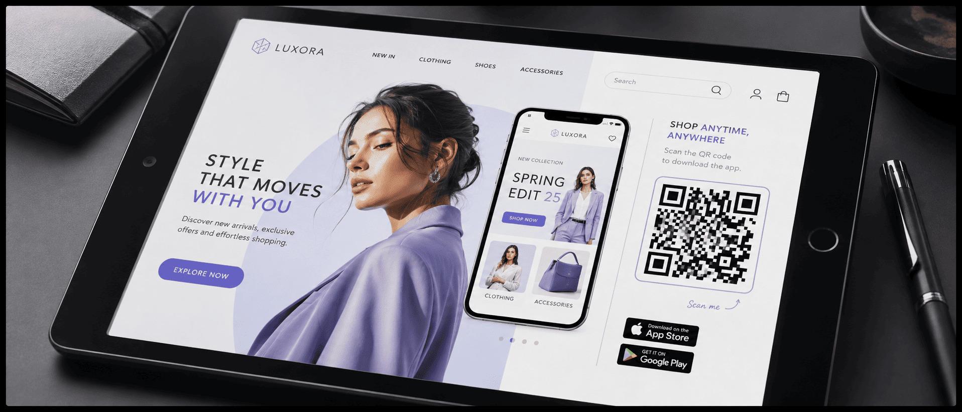 Fashion e-commerce site on a tablet with a QR code linking to the mobile app