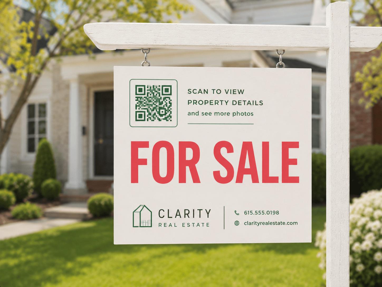 Yard sign for a home for sale with a QR code linking to the property listing