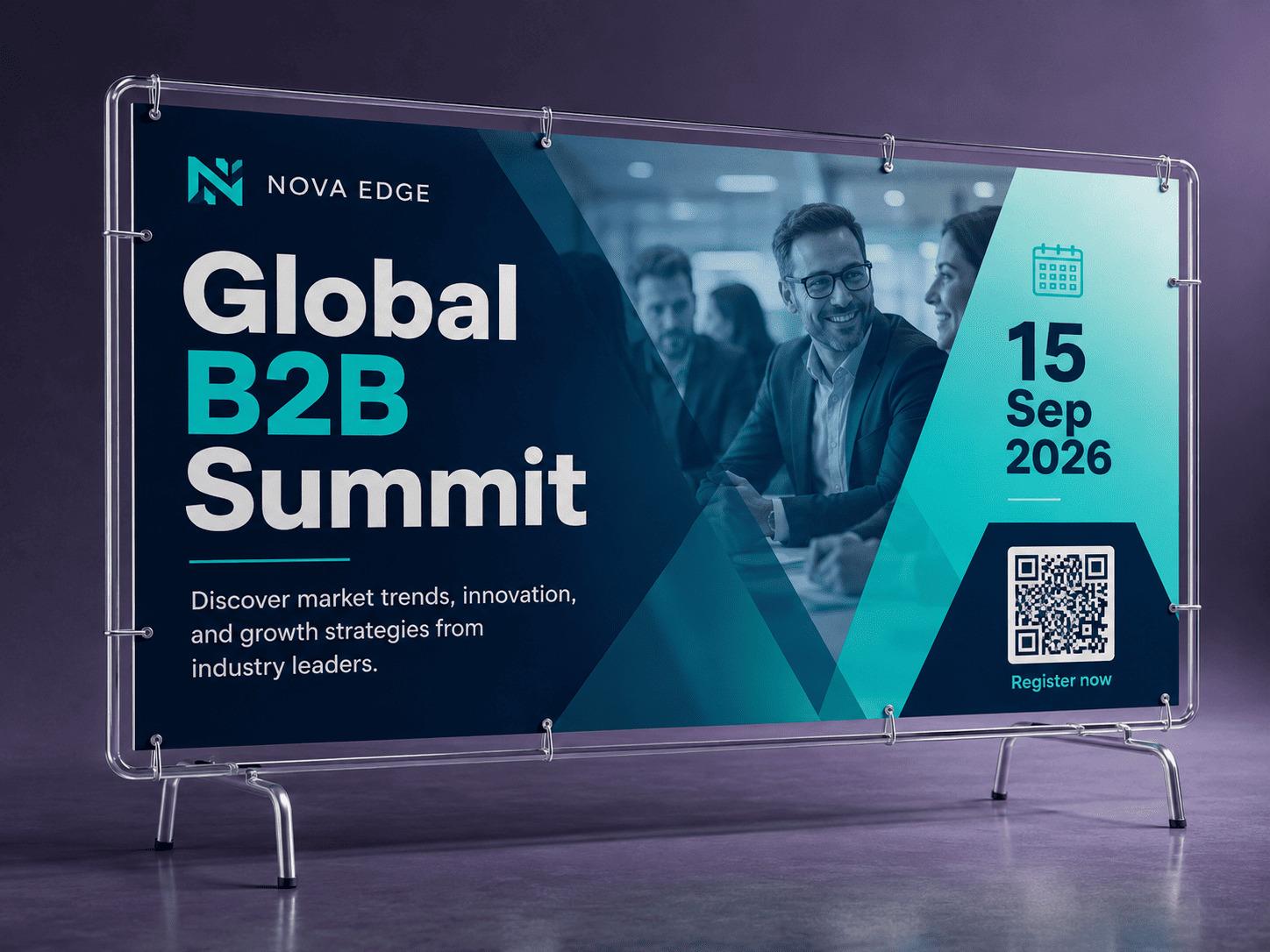 Trade show banner stand with a QR code linking to event registration